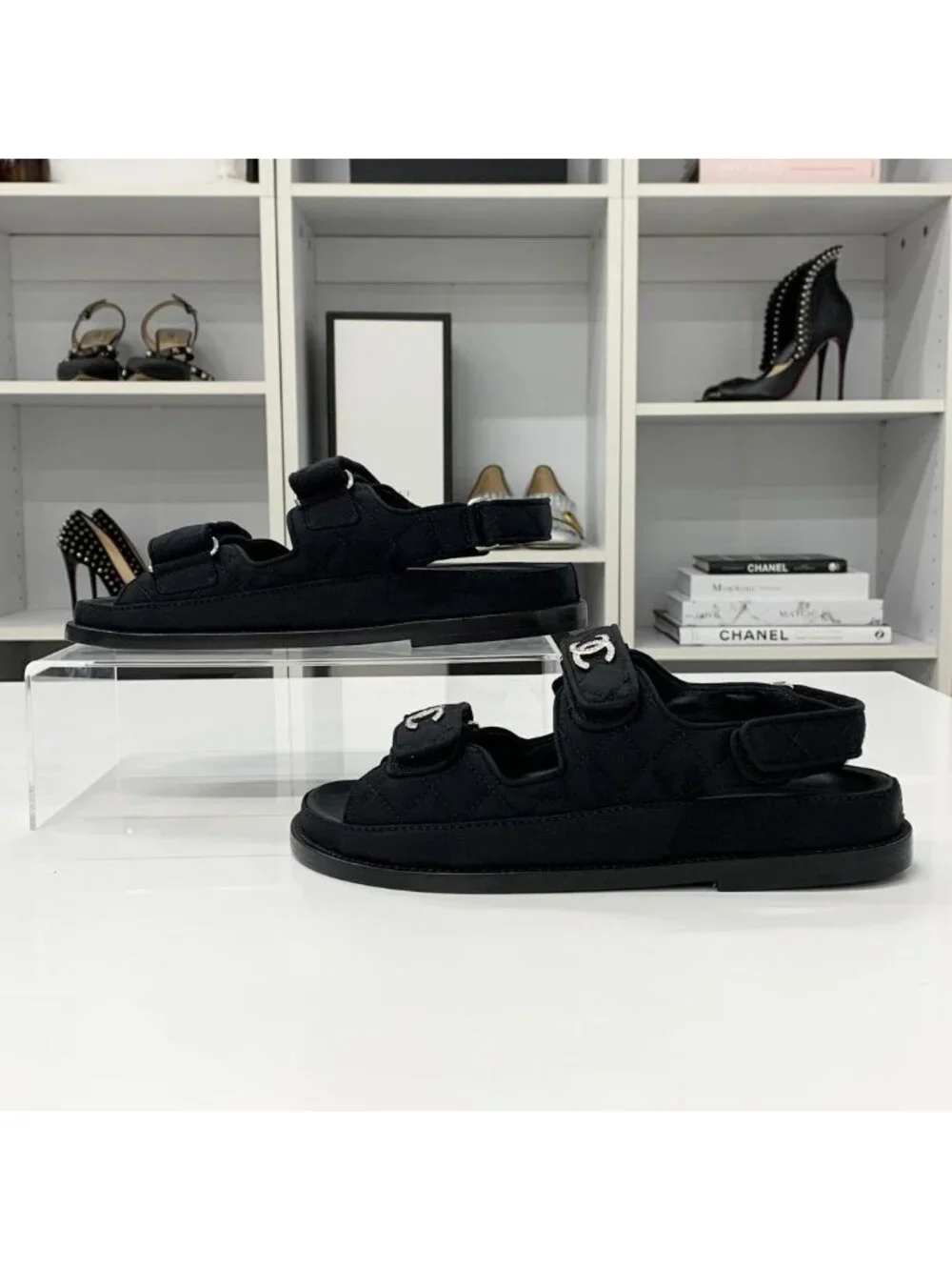 Chanel Fabric CC Logo Rhinestone Velcro Sandals